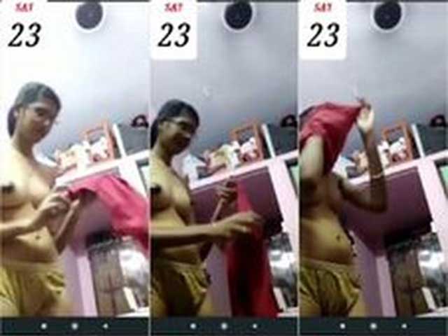Slim South Indian Girl Changing Dress On Video Call