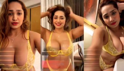Aditi Mistry Teasing Showing Deep Cleavage and Huge Ass in Yellow Bikini App Live