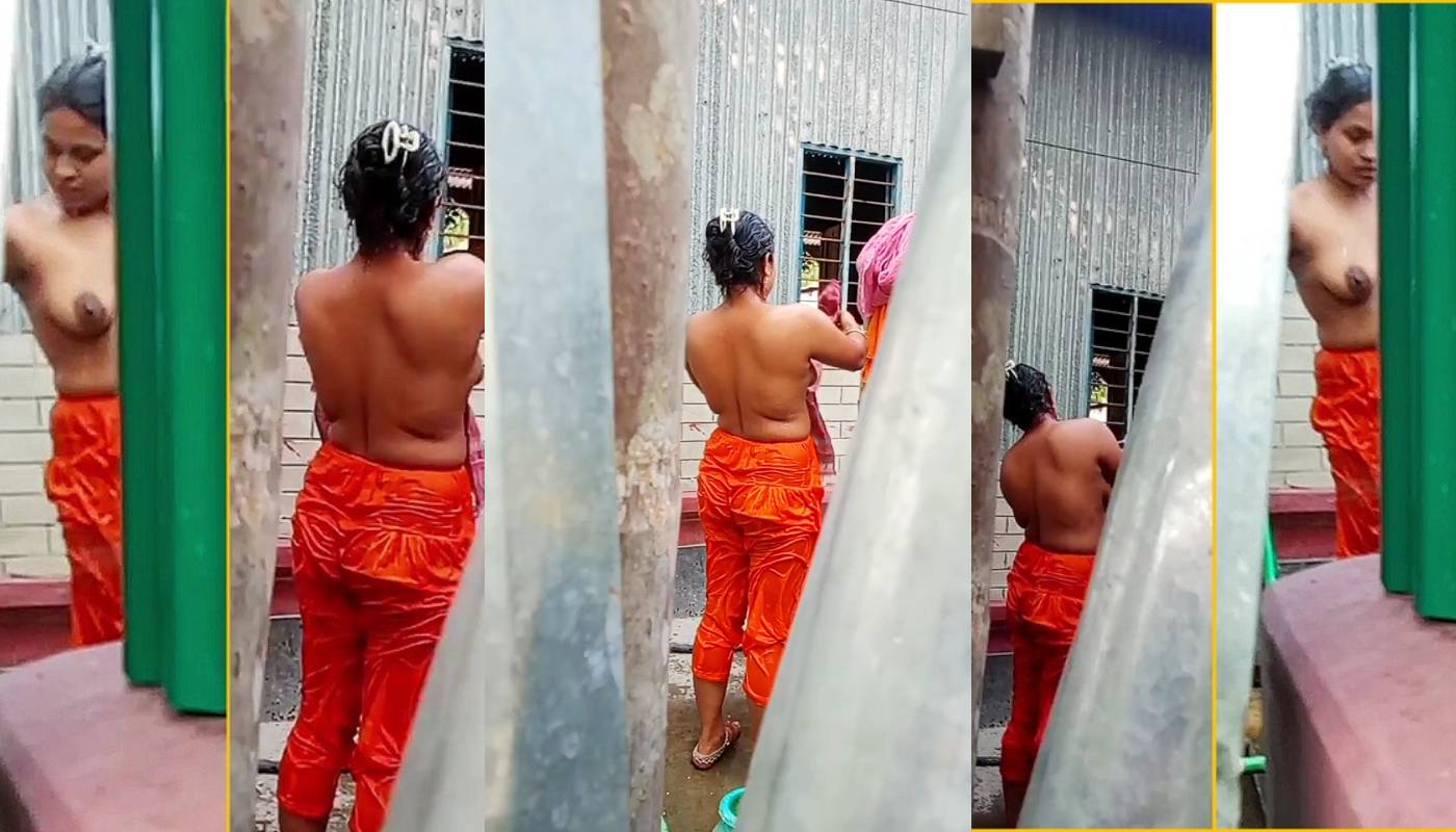 Indian Girl Bathing Outside The House